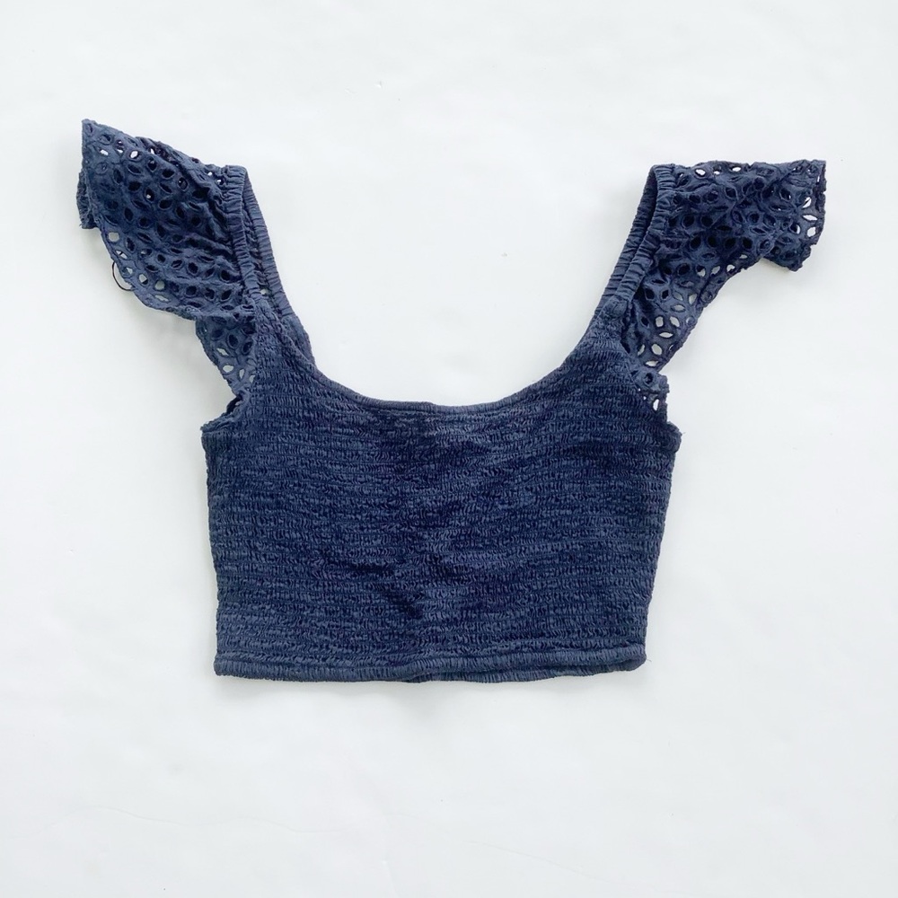 H&M Navy Eyelet Flutter Sleeve Crop Top